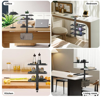Clamp-On Desk Shelf Organizer Desktop or Under Desk 3-Tier Adjustable Metal Storage Tray