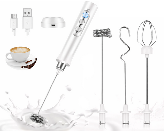 Electric Milk Frother Rechargeable Whisk Mixer Stirrer (White)