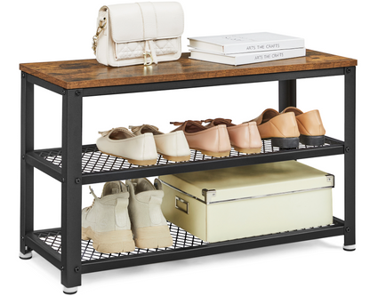 VASAGLE Shoe Storage Bench Rack with 2 Shelves - Rustic Brown
