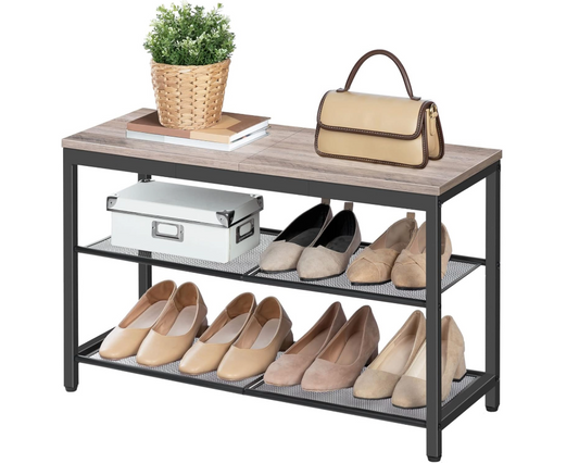 VASAGLE Shoe Storage Bench Rack with 2 Shelves - Greige