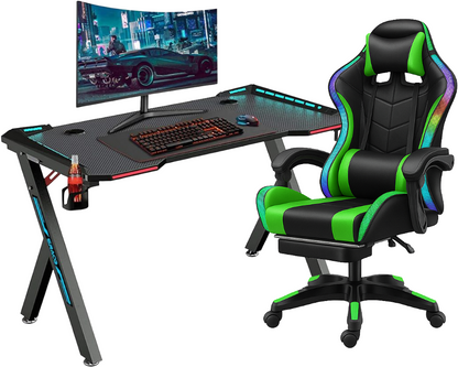 Gaming Desk & Chair Combo - RGB LED Desk + RGB LED Gaming Chair with Footrest