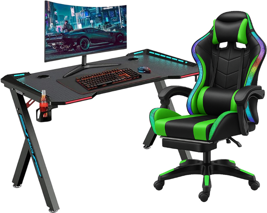 Gaming Desk & Chair Combo - RGB LED Desk + RGB LED Gaming Chair with Footrest