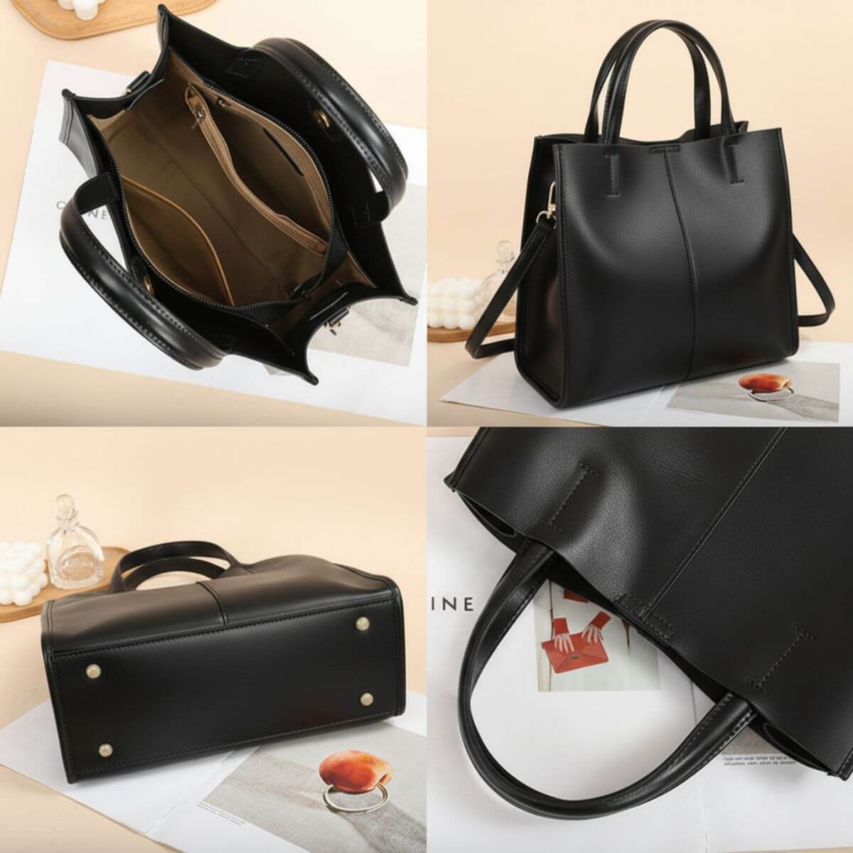 Metro Elegance Black Leather Tote Bag