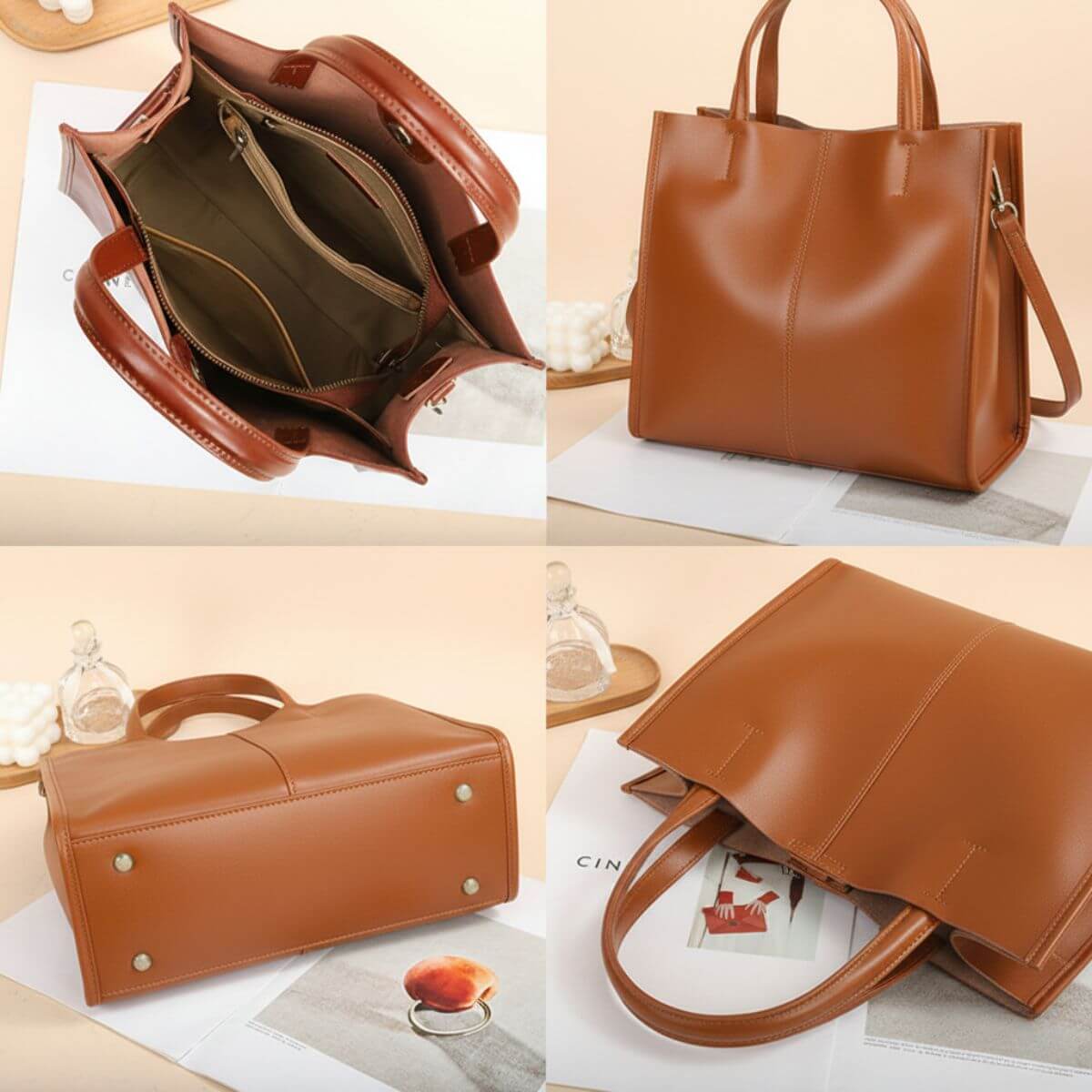 Metro Elegance Caramel Brown Leather Tote Bag