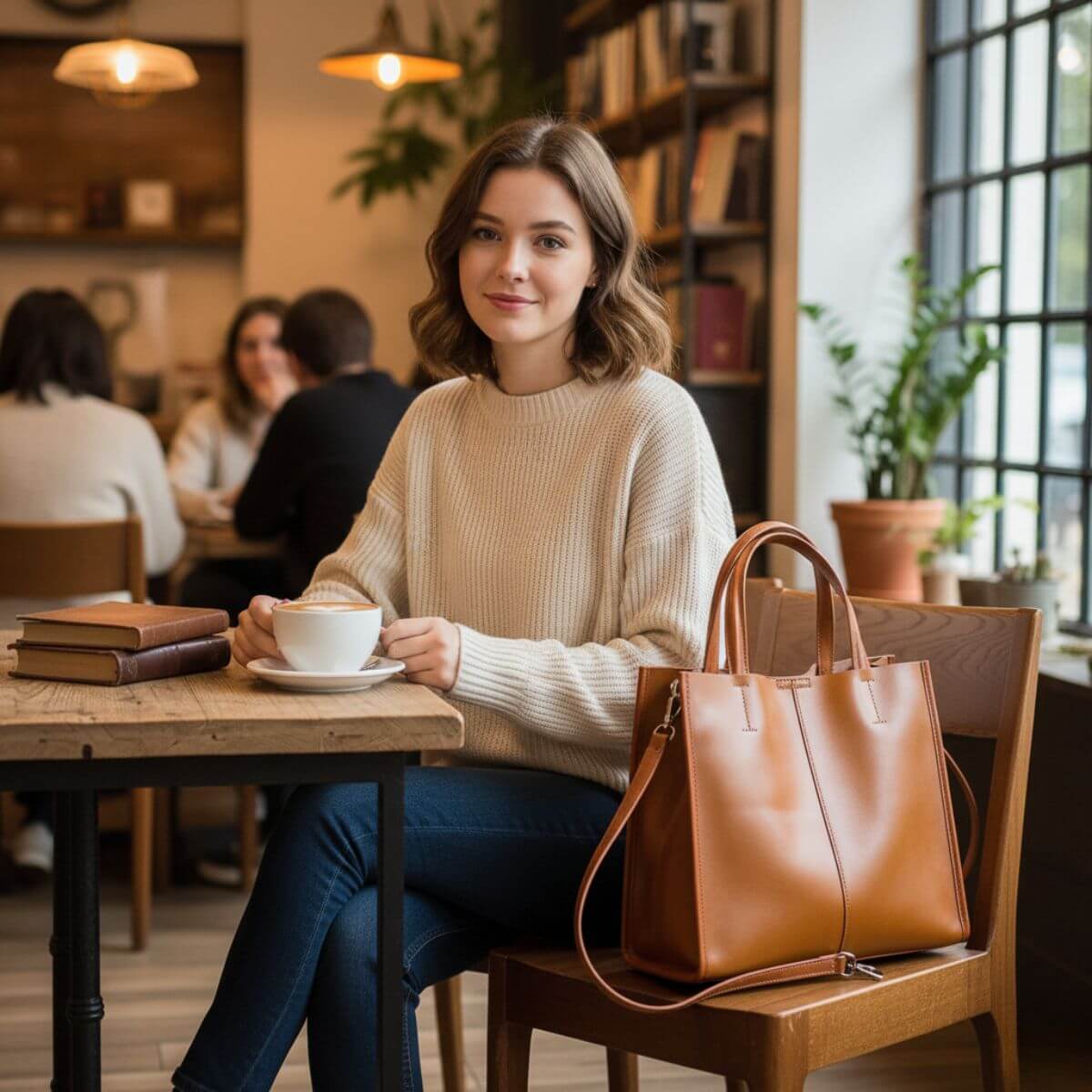 Metro Elegance Caramel Brown Leather Tote Bag