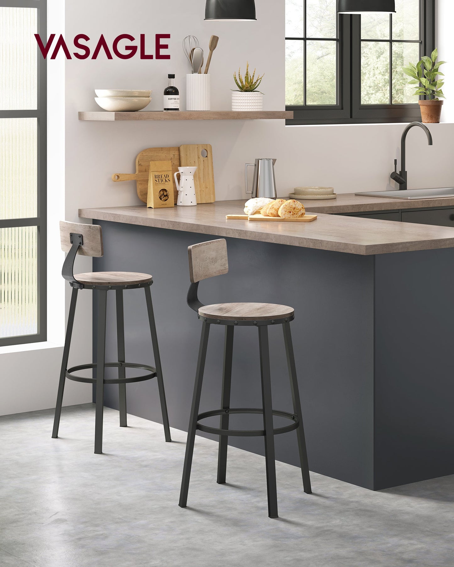 VASAGLE Bar Stools Chairs Set of 2 - Greige