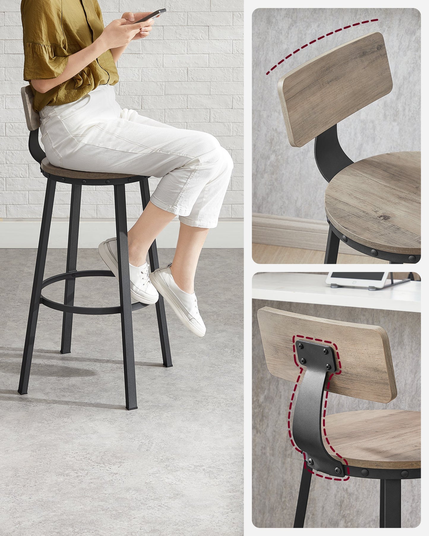 VASAGLE Bar Stools Chairs Set of 2 - Greige