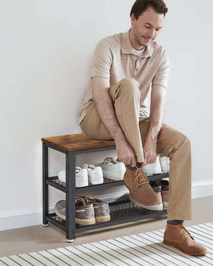 VASAGLE Shoe Storage Bench Rack with 2 Shelves - Rustic Brown