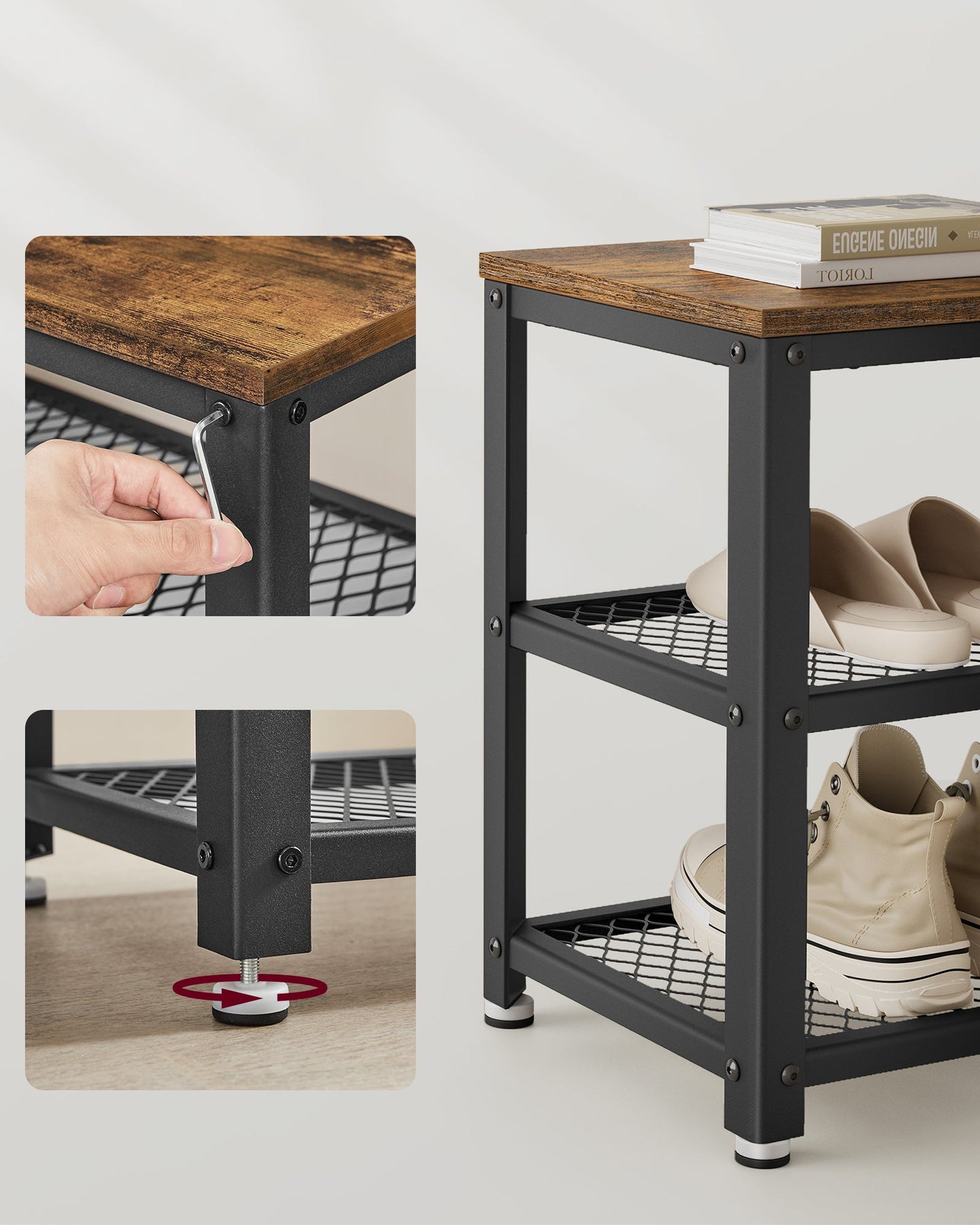 VASAGLE Shoe Storage Bench Rack with 2 Shelves - Rustic Brown