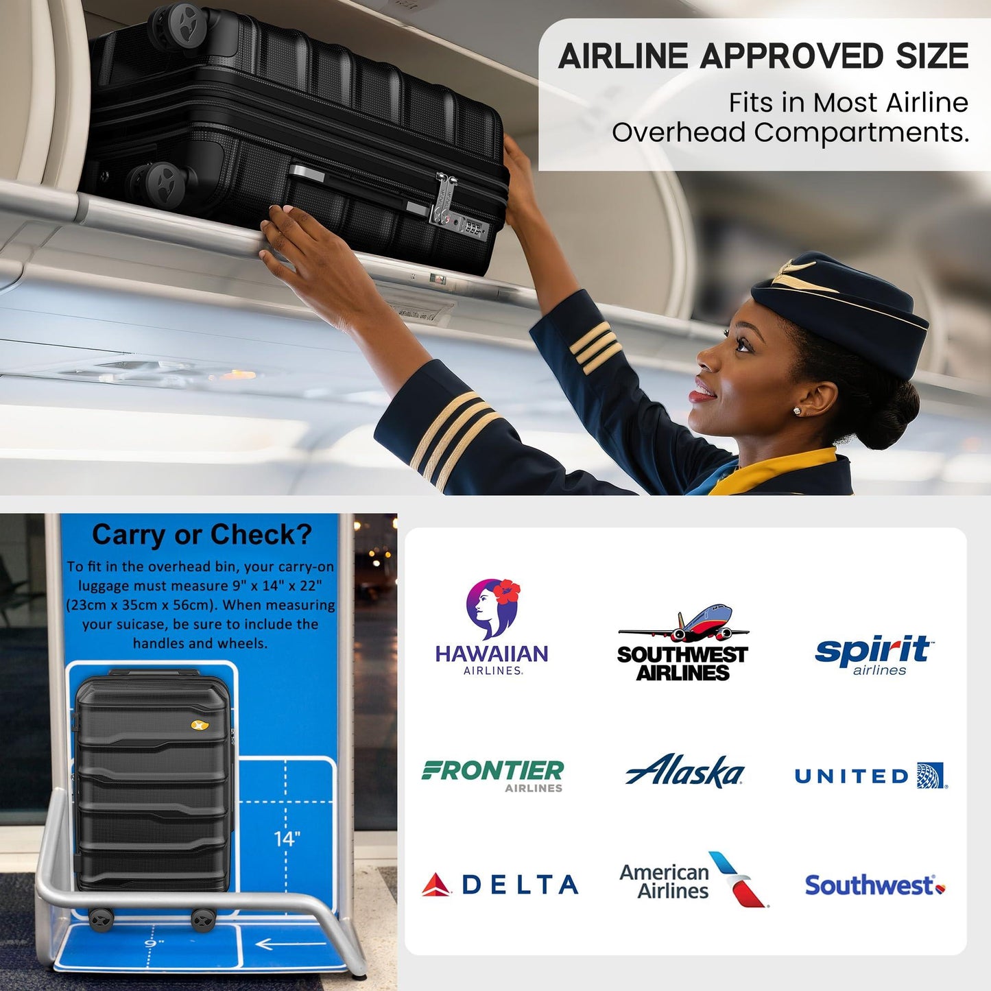 Black Carry On Suitcase - Lightweight Hard Shell Cabin Suitcase | VoyEdge | 55 cm