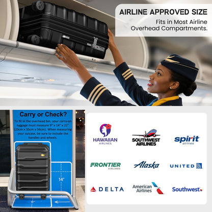 Black Carry On Suitcase - Lightweight Hard Shell Cabin Suitcase | VoyEdge | 55 cm