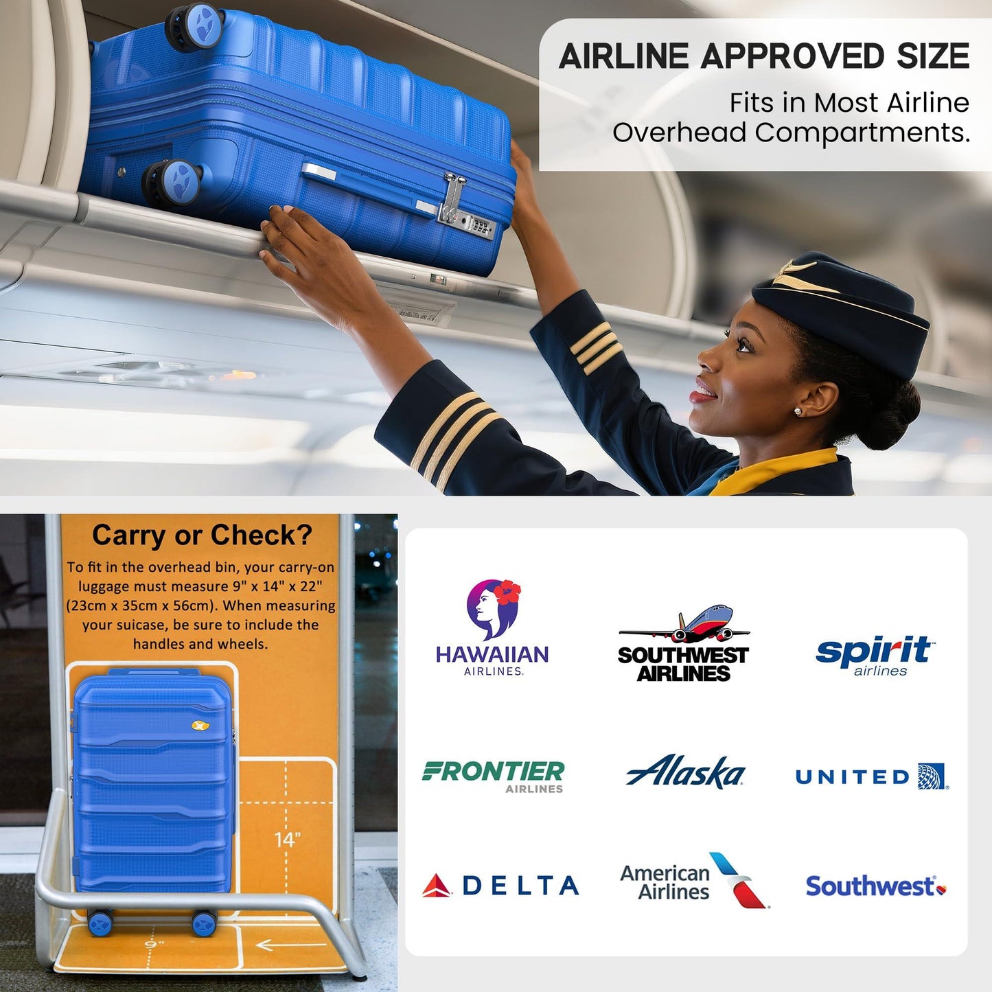 Blue Carry On Luggage - Lightweight Hard Shell Cabin Suitcase | VoyEdge | 55 cm
