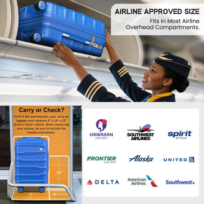 Blue Carry On Luggage - Lightweight Hard Shell Cabin Suitcase | VoyEdge | 55 cm