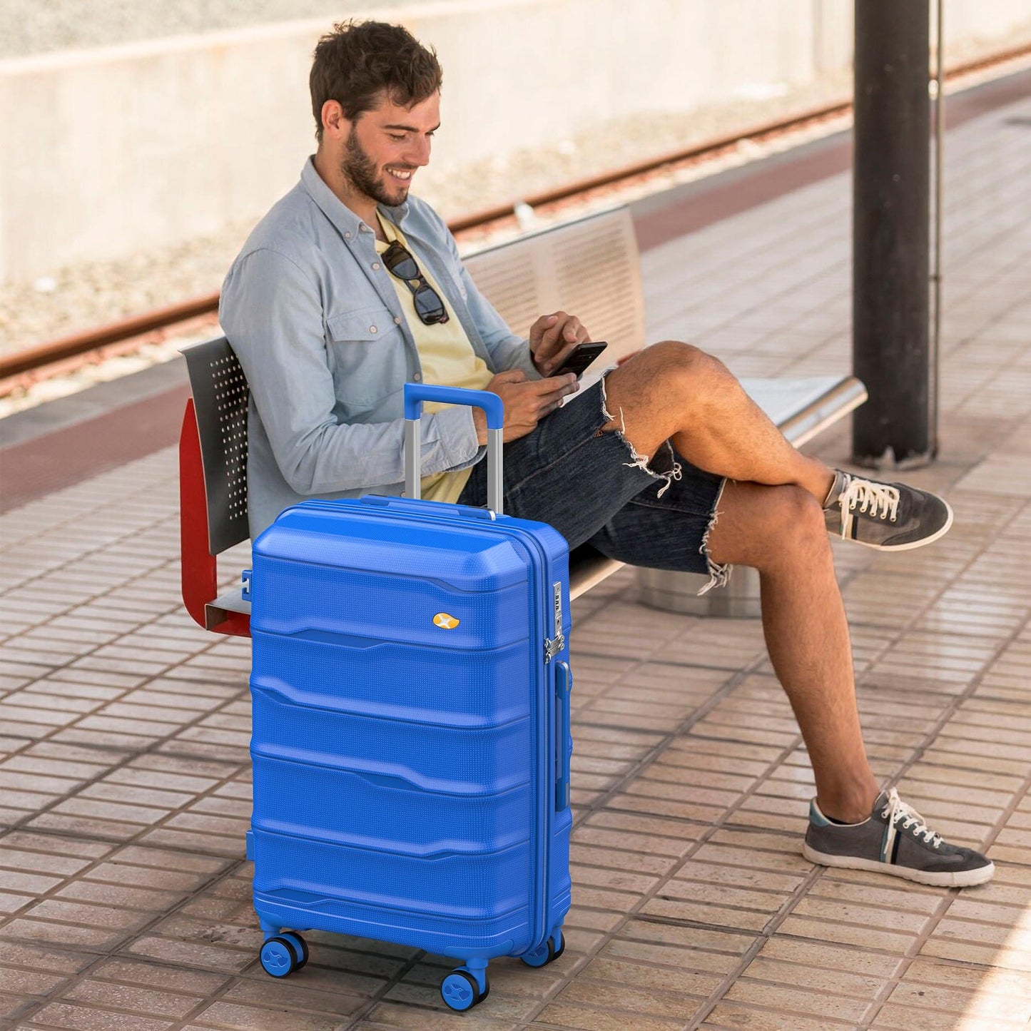 Blue Medium Check In Luggage - Lightweight Hard Shell Expandable Travel Suitcase | VoyEdge | 66 cm