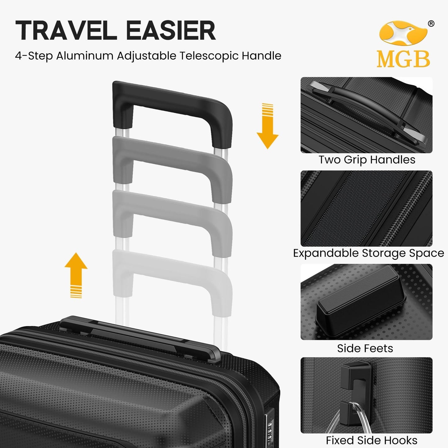 Black Large Check In Luggage - Lightweight Hard Case Expandable Travel Suitcase | VoyEdge | 76 cm