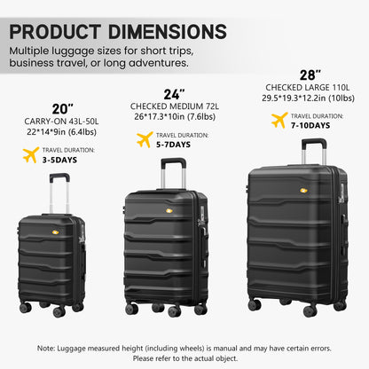 3 Piece Luggage Set – Lightweight Hard Shell Suitcase | VoyEdge | Black