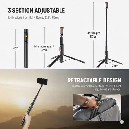 Portable One-Click Pop-Up Selfie Stick Tripod with Bluetooth Remote