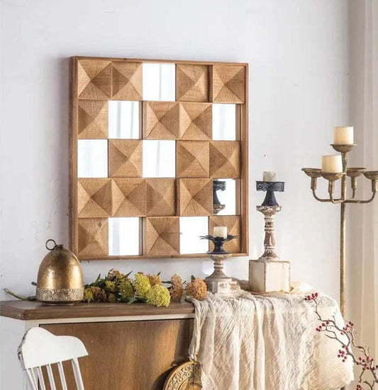 Wooden Wall Mirror with Carved Design