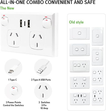 USB Type C Wall Socket Power Point - White