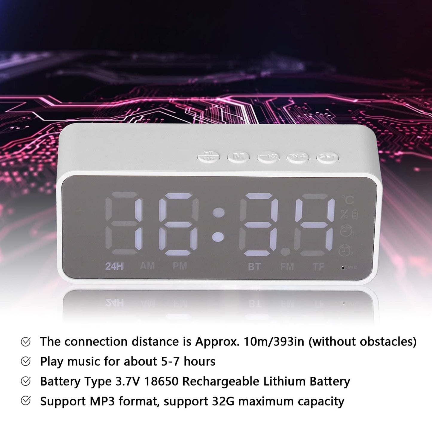 Digital Smart Alarm Clock With Bluetooth Speaker (White)