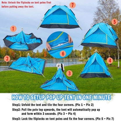 Pop Up Tent Family Camping Tent 3-4 Person Tent (Blue)