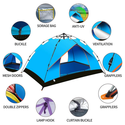 Pop Up Tent Family Camping Tent 3-4 Person Tent (Blue)