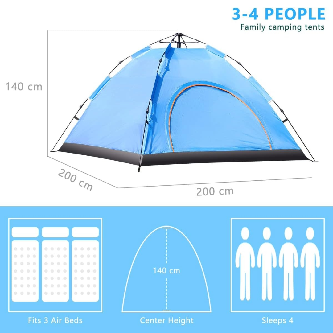 Pop-Up Camping Tent 3-4 Person Outdoor Folding Tent (Blue)
