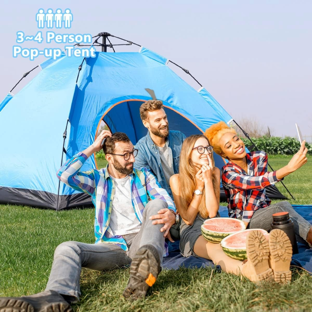 Pop-Up Camping Tent 3-4 Person Outdoor Folding Tent (Blue)