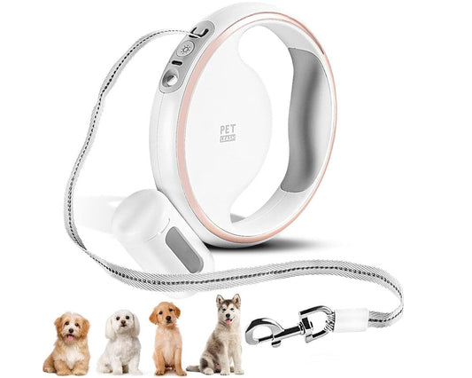 Retractable Dog Leash 3m Heavy Duty with LED Light & Waste Bag Holder USB-C Rechargeable White