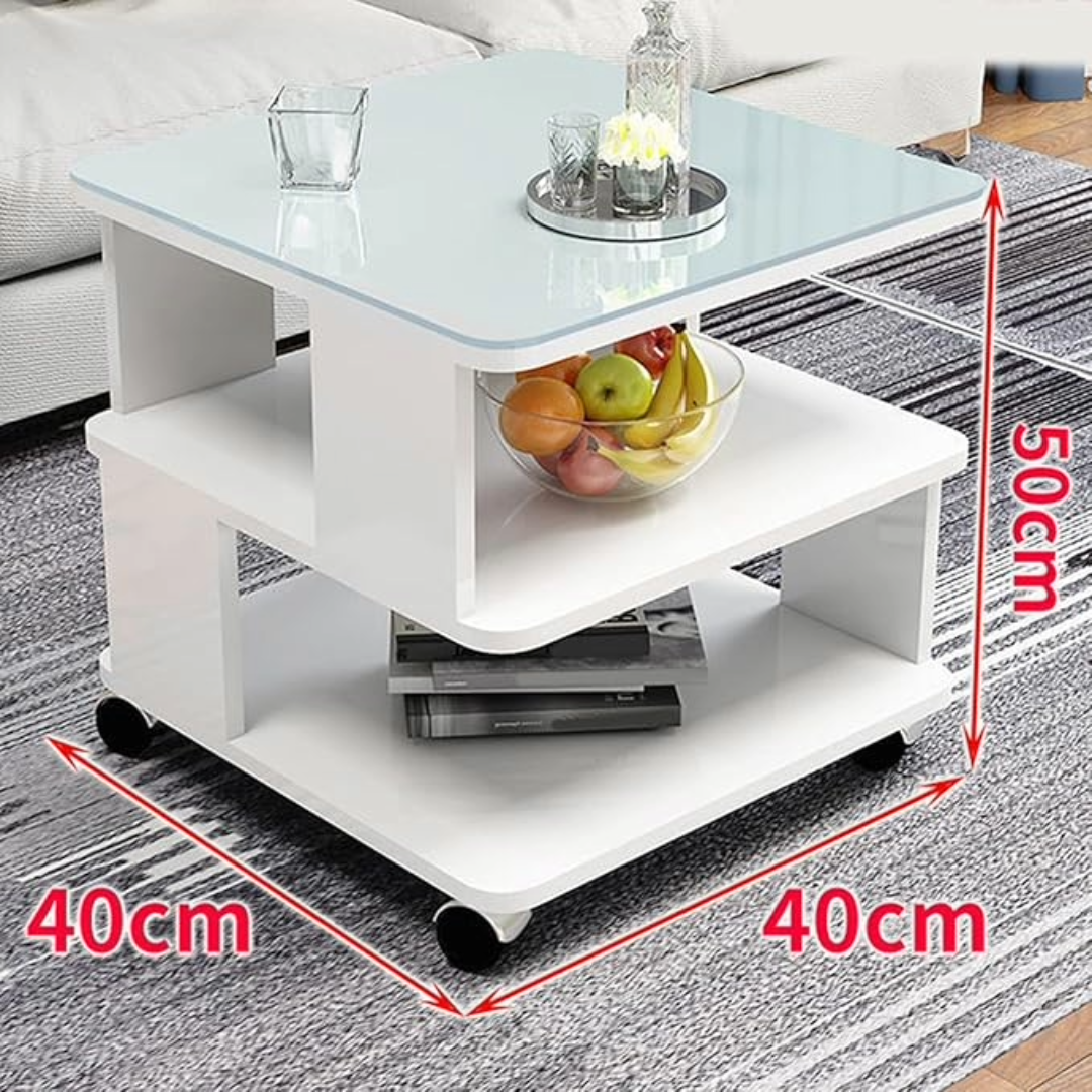 Coffee Table Side Table with Wheels and Glass Top