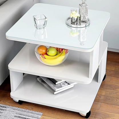 Coffee Table Side Table with Wheels and Glass Top