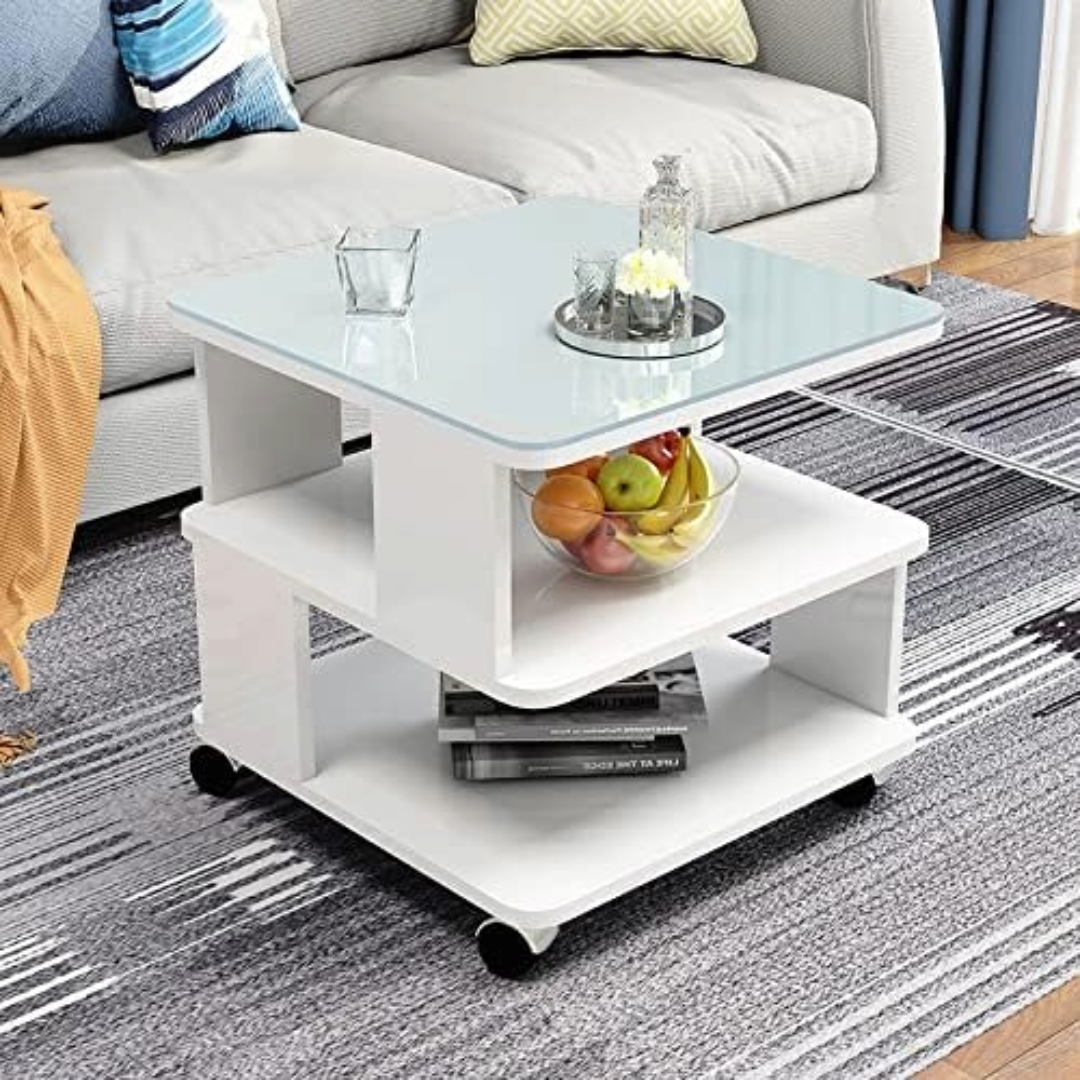 Coffee Table Side Table with Wheels and Glass Top