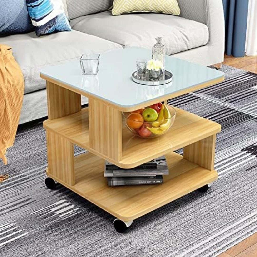 Coffee Table Side Table with Wheels and Glass Top