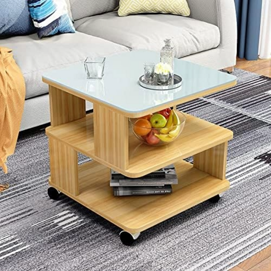Coffee Table Side Table with Wheels and Glass Top