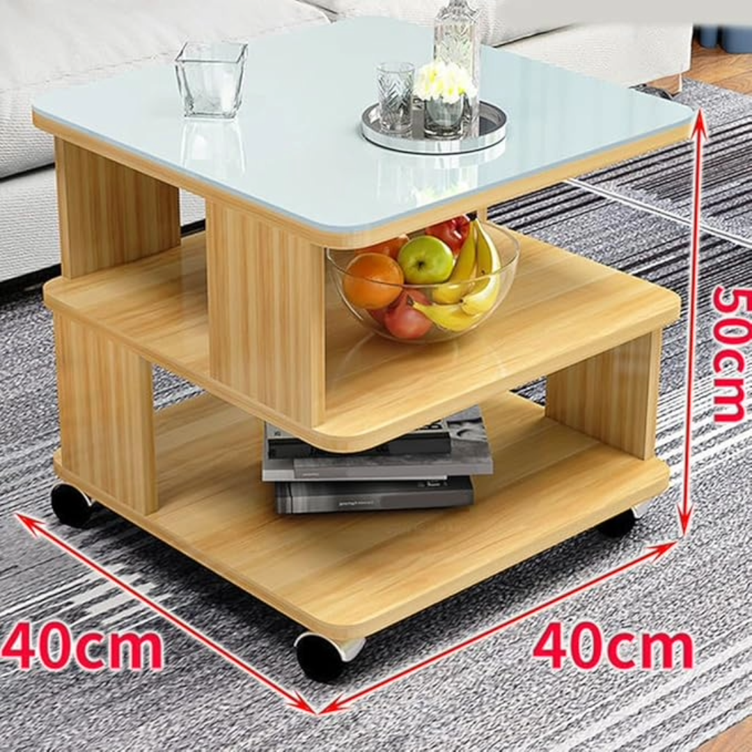 Coffee Table Side Table with Wheels and Glass Top