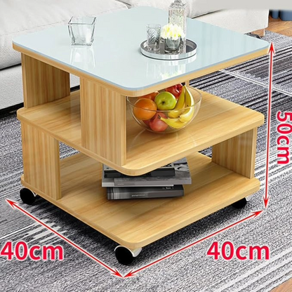 Coffee Table Side Table with Wheels and Glass Top