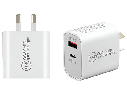 USB C Charger, 18W PD Charger Fast Charger QC3.0 Charger 2 IN 1
