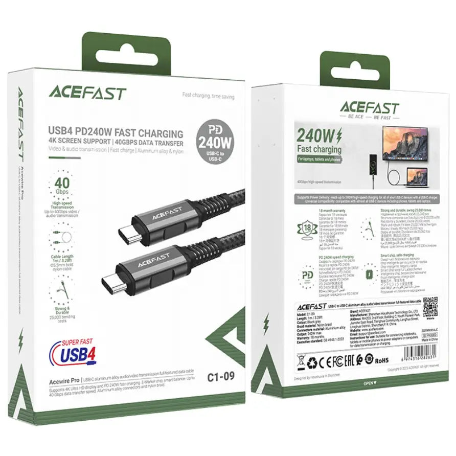 ACEFAST 240W USB-C to USB-C Cable NZ – Super Durable PD Cable C1-09