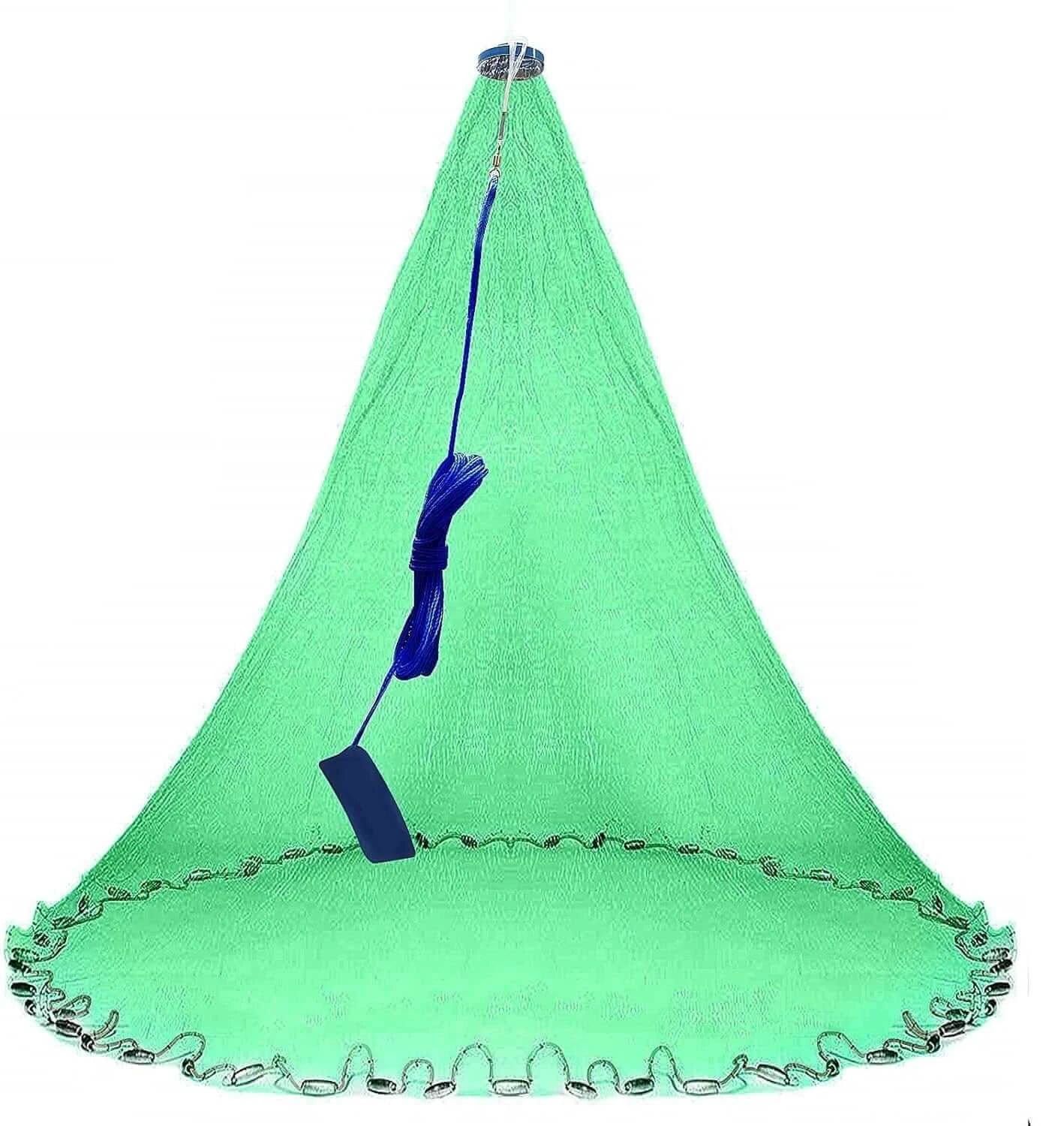 8FT USA Style Cast Net 1 Inch Mesh Green Nylon Professional Bait Fishing Net Fast Sinking Performance