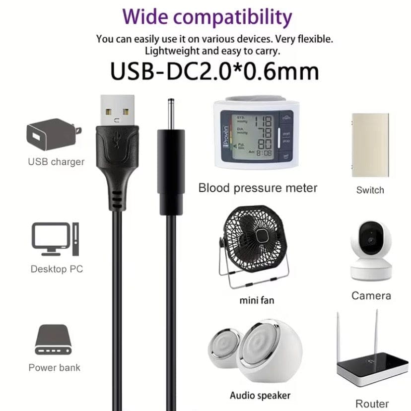 Barrel Jack Power Cable - 2mm x 0.6mm charger (Black) 1m