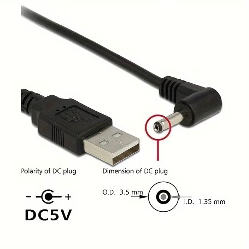 Barrel Jack Power Cable (Elbow) - 3.5mm x 1.35mm charger (Black) 1m