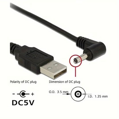 Barrel Jack Power Cable (Elbow) - 3.5mm x 1.35mm charger (Black) 1m
