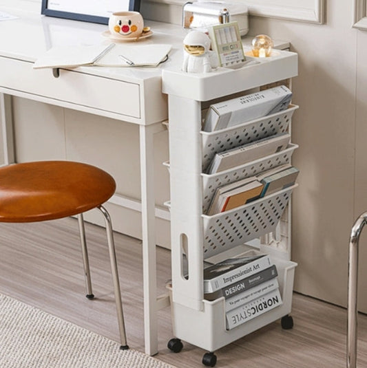 Movable Bookshelf Cart, 5-Tier Plastic Rolling Utility Cart