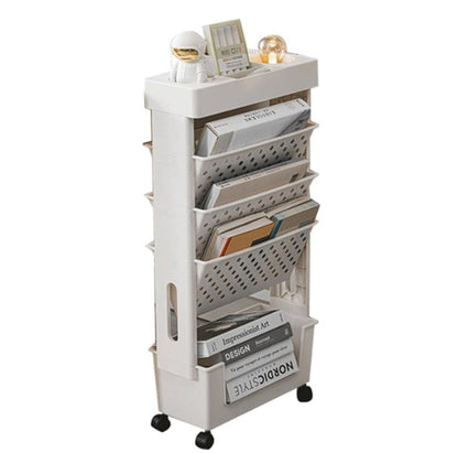 Movable Bookshelf Cart, 5-Tier Plastic Rolling Utility Cart