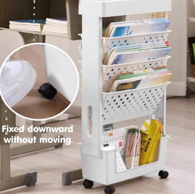 Movable Bookshelf Cart, 5-Tier Plastic Rolling Utility Cart
