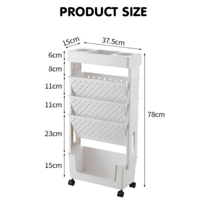 Movable Bookshelf Cart, 5-Tier Plastic Rolling Utility Cart
