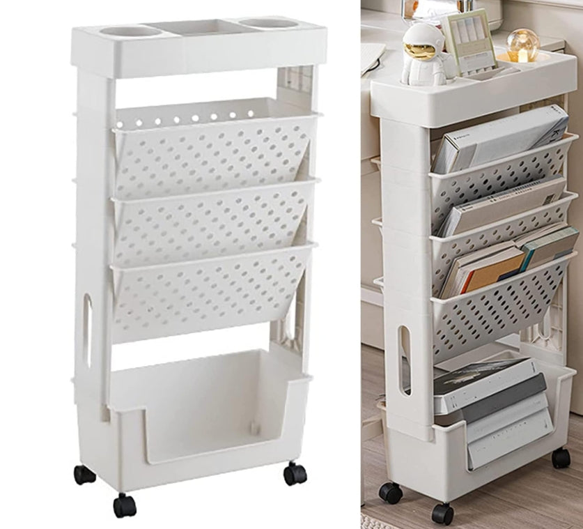 Movable Bookshelf Cart, 5-Tier Plastic Rolling Utility Cart