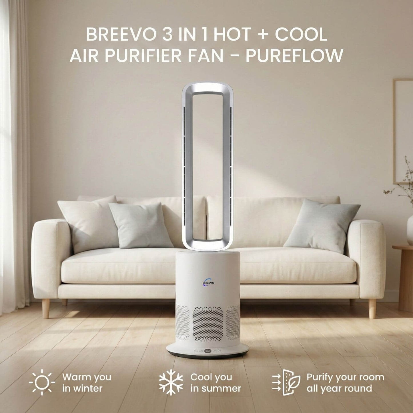 3 in 1 Hot & Cool Bladeless Fan Heater with Air Purifier | PureAir | Silver/White