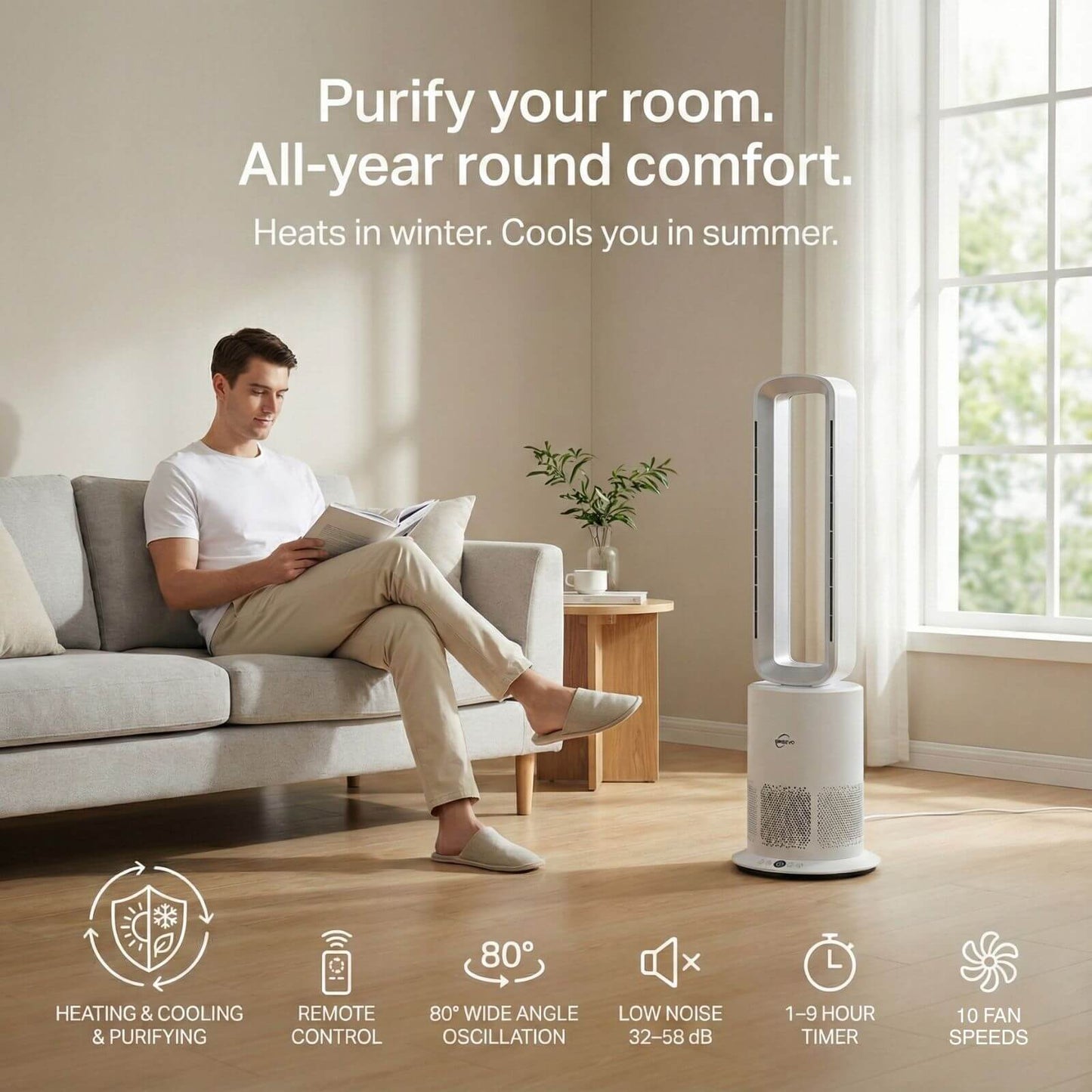 3 in 1 Hot & Cool Bladeless Fan Heater with Air Purifier | PureAir | Silver/White