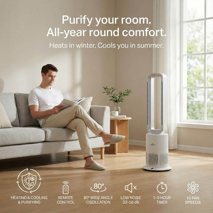3 in 1 Hot & Cool Bladeless Fan Heater with Air Purifier | PureAir | Silver/White